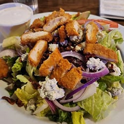 crispy chicken tenders on a bed of lettuce, served with your choice on dressing