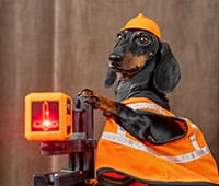Dachshund dressed in an orange construction vest and helmet