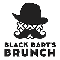 Black Bart's Brunch logo with a hat, mustache, and face made of a waffle