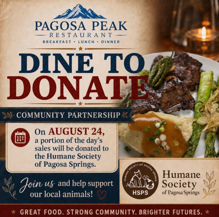 Pagosa Peak restaurant partnership with picture of steak, potatoes, and asparagus